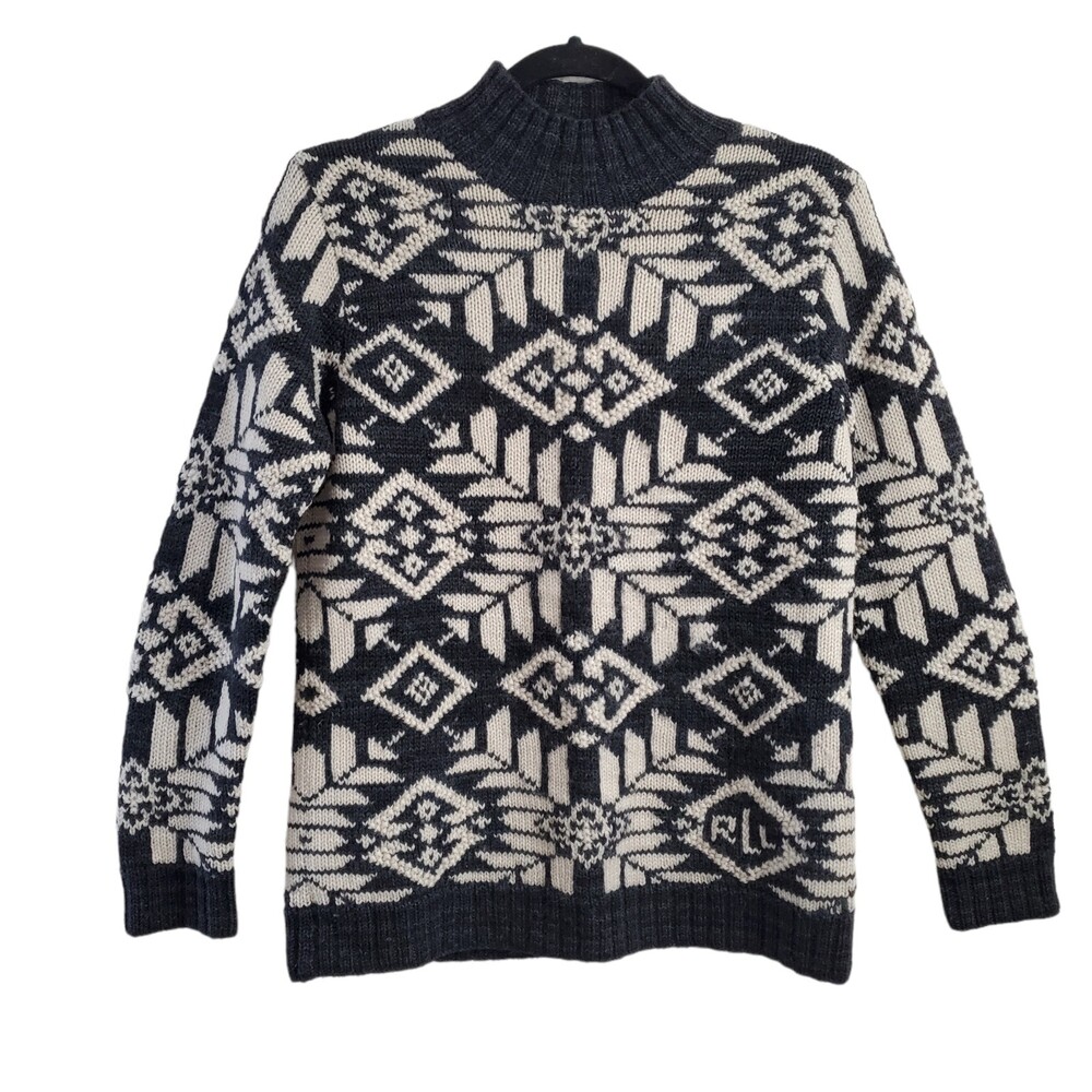 Lauren Ralph Lauren PP Wool Sweater Aztec Snowflake Mock Neck Charcoal Petite